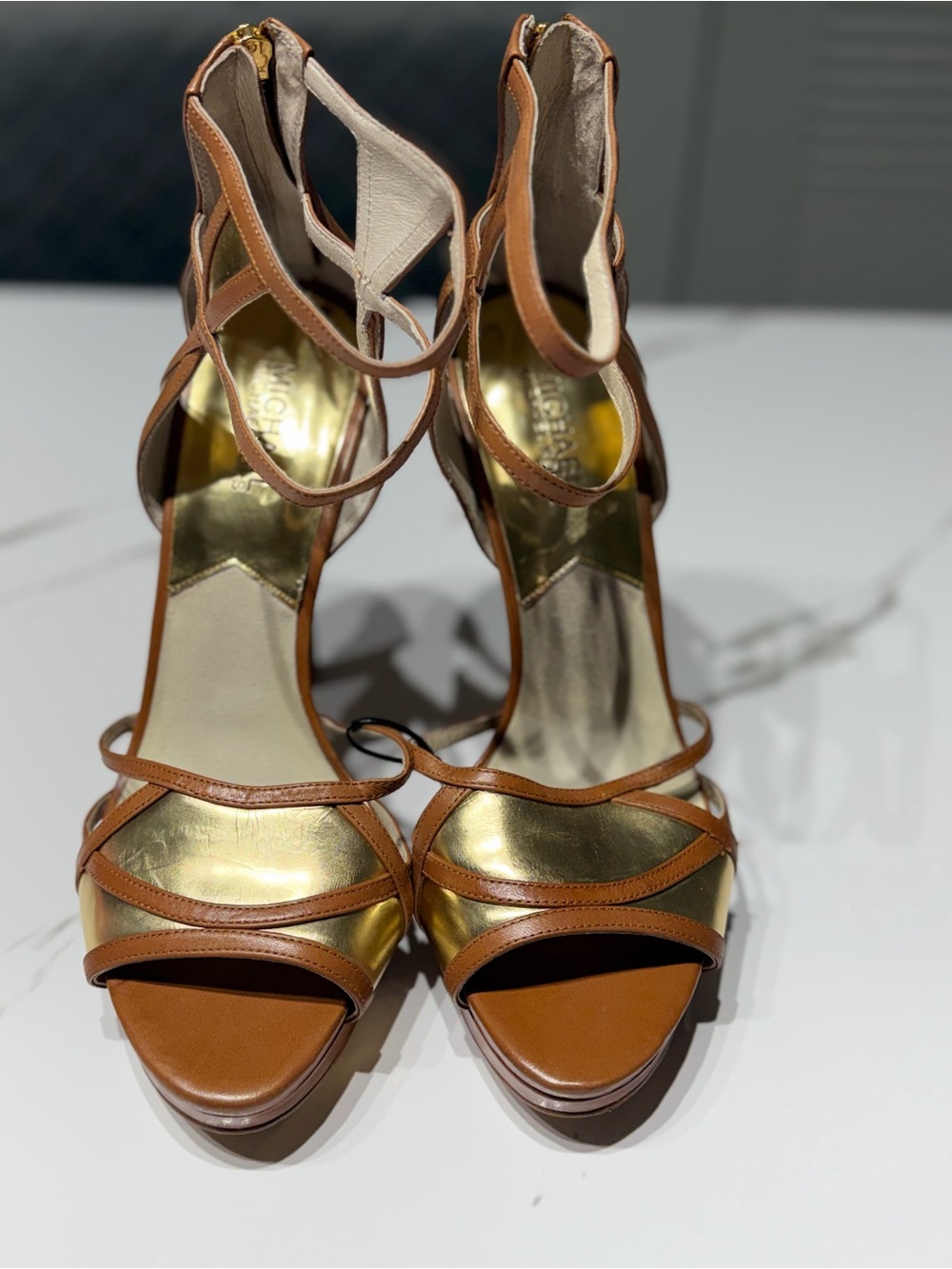 Michael Kors Brown and Gold Strappy Heeled Sandals